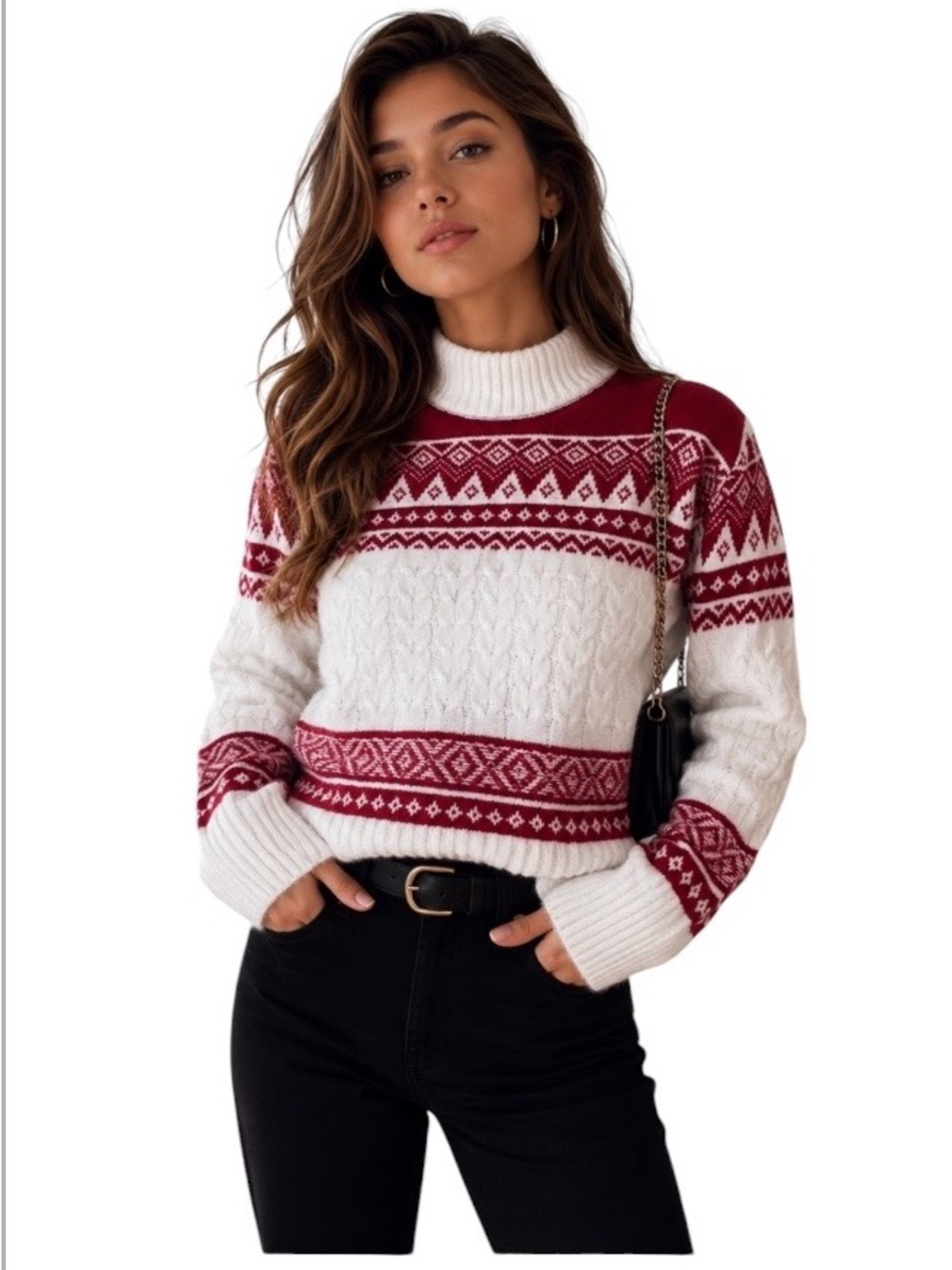 Madden Girl Chunky Cable Knit Fair Isle Sweater - Red & Cream XLarge